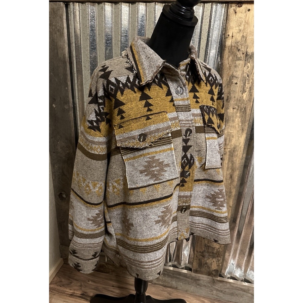 Everyday Chic Boutique Southwestern Aztec Oversized Raw Hem‎ Med Jacket Cowgirl